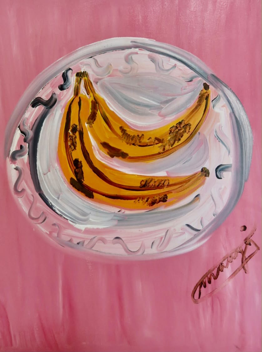Bananas on Pink artwork printed on a white T-shirt
