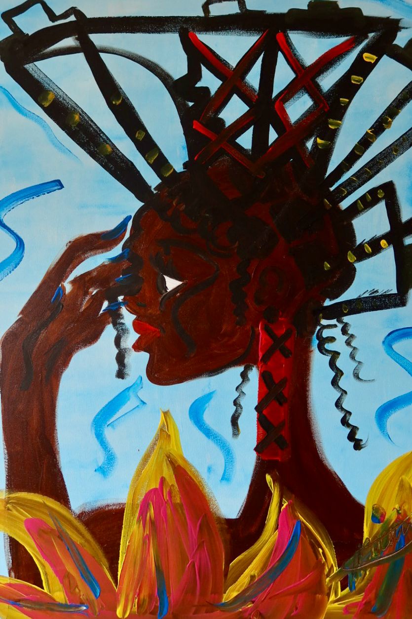 Coming to Amsterdam. acrylic on canvas painting (70 × 80 cm) by Amsterdam artist Michelle Amo